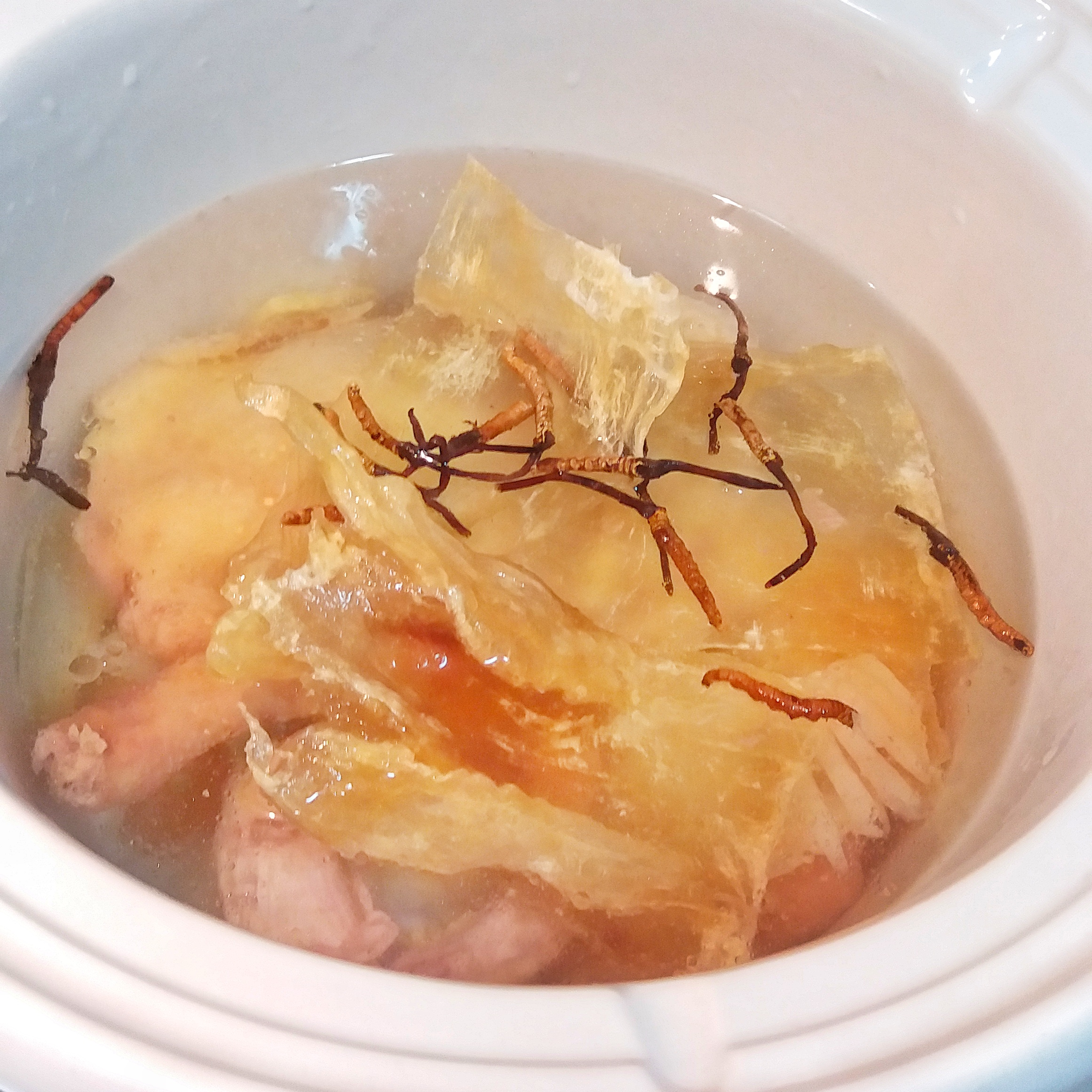 冬蟲草魚翅骨海參花膠雞湯&簡便吸掉湯里的肥油方法的做法 步骤5