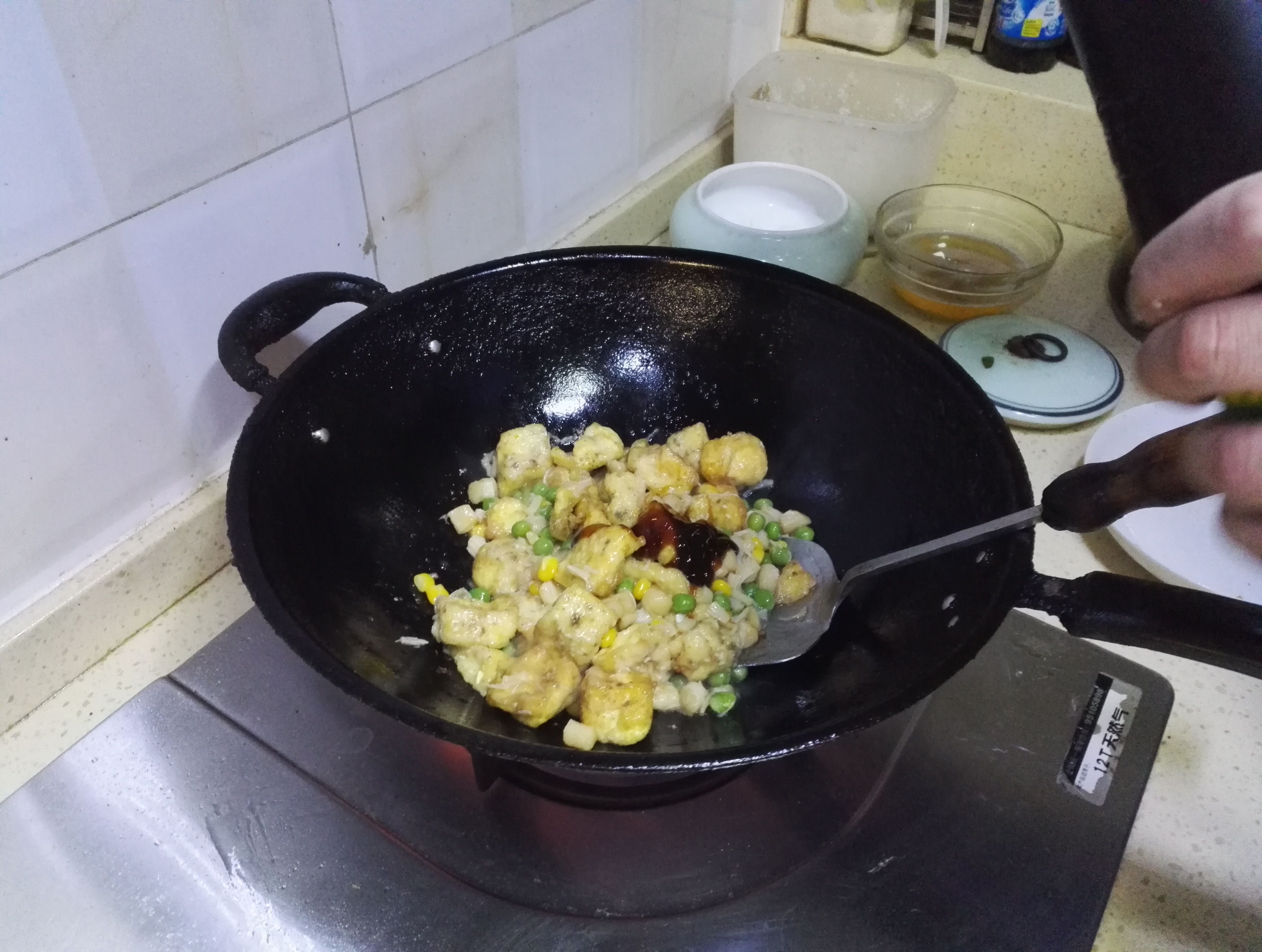 豆漿炖蛋炒蝦仁（干貝）的做法 步骤6